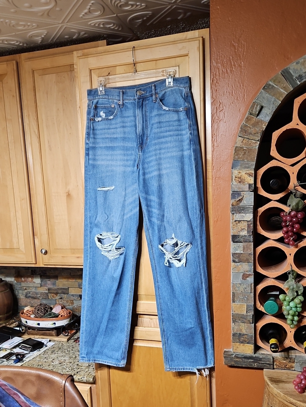 American Eagle Distressed Blue Raw Hem Baggy Wide Leg Jeans High Rise